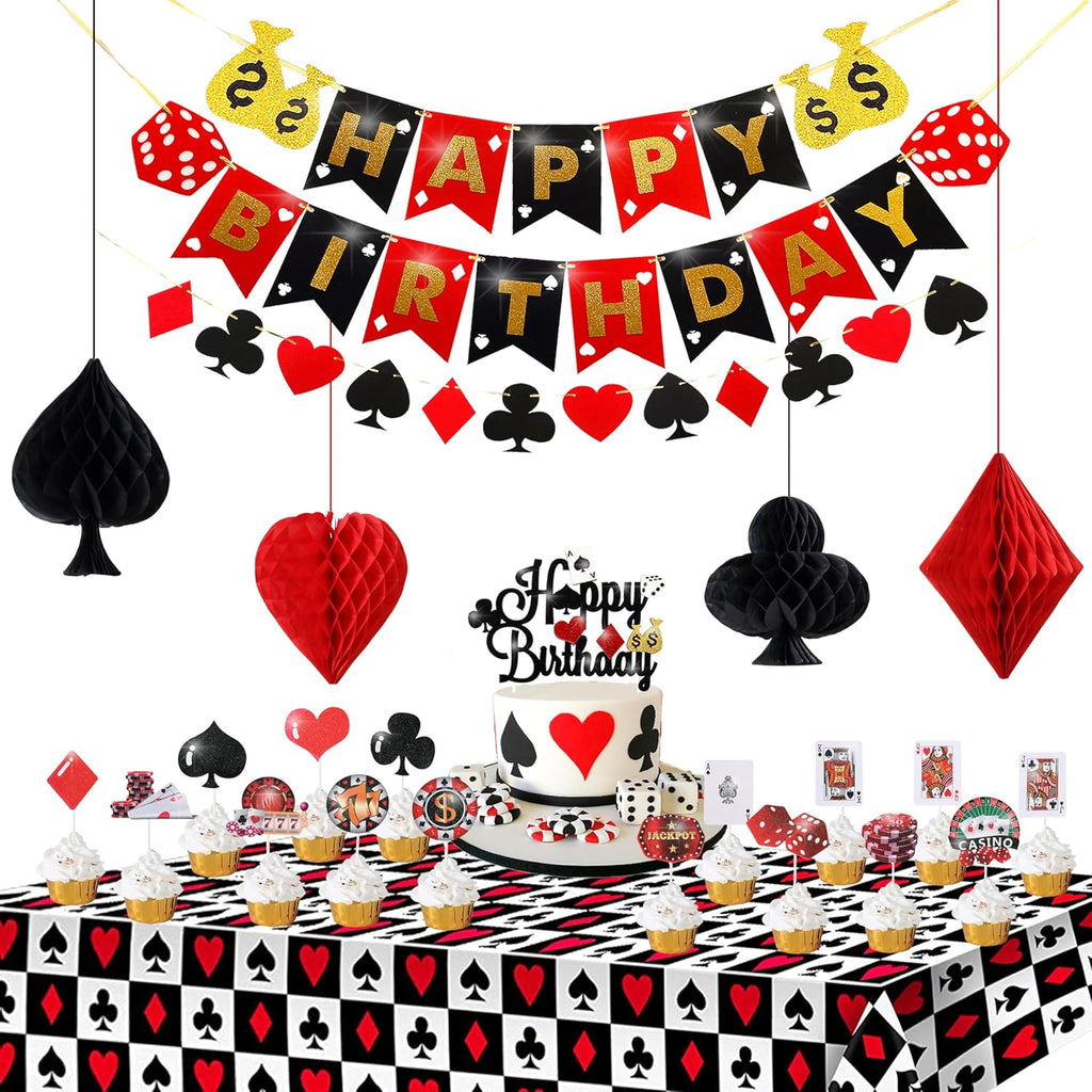 58pcs Casino Poker Party Decorations,Poker Theme Birthday Banner Garland, Foil Balloons, Honeycomb Pom Poms,Cake Cupcake Topper and Tablecloth for Las Vegas Night Casino Birthday Supplies