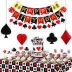 58pcs Casino Poker Party Decorations,Poker Theme Birthday Banner Garland, Foil Balloons, Honeycomb Pom Poms,Cake Cupcake Topper and Tablecloth for Las Vegas Night Casino Birthday Supplies