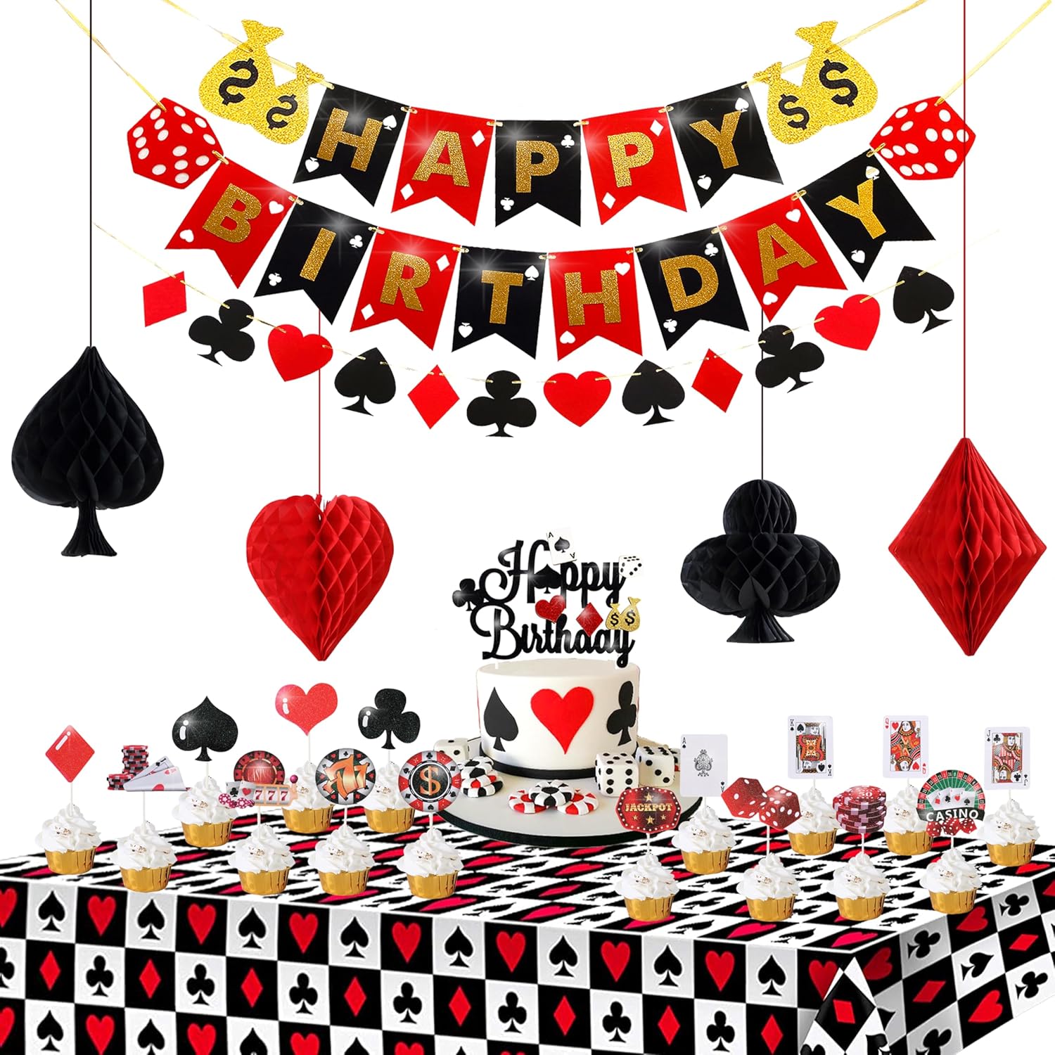 58pcs Casino Poker Party Decorations,Poker Theme Birthday Banner Garland, Foil Balloons, Honeycomb Pom Poms,Cake Cupcake Topper and Tablecloth for Las Vegas Night Casino Birthday Supplies