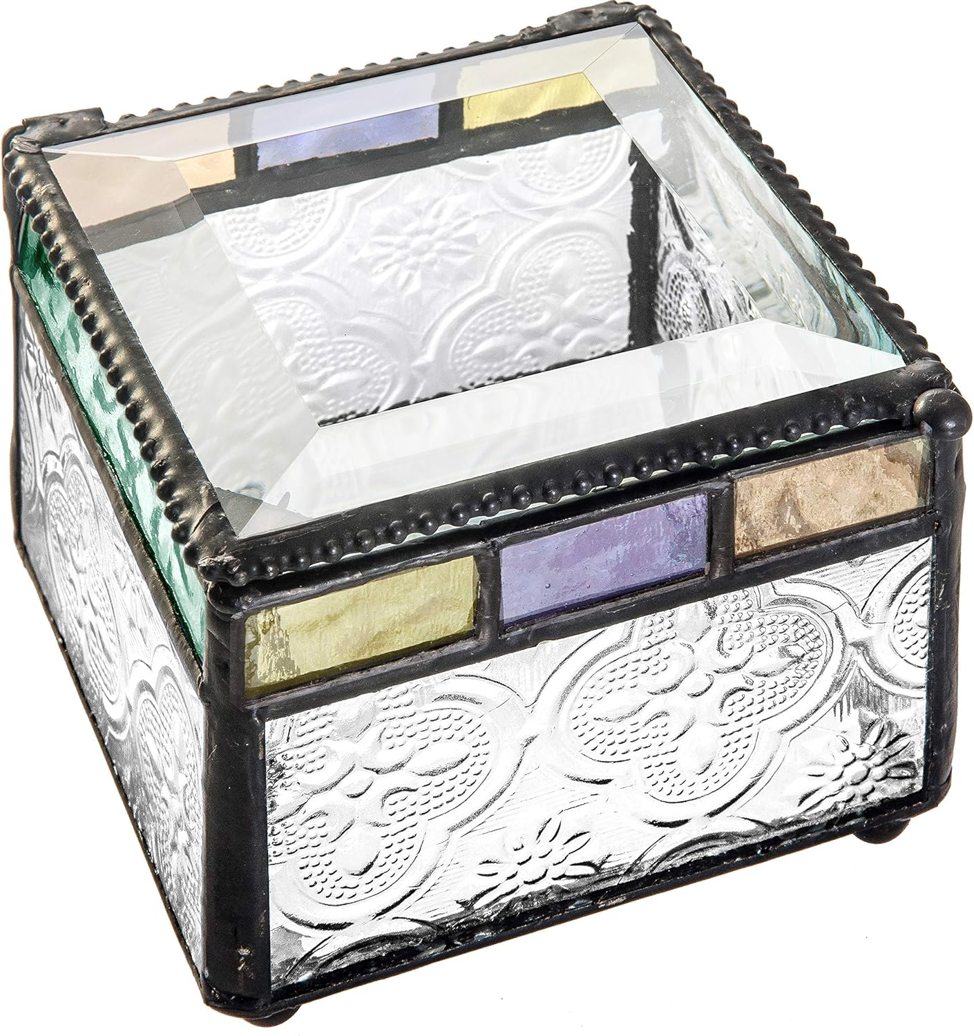J Devlin - Stained Glass Box Jewelry Dish Trinket Keepsake Display Purple Blue Peach Turquoise - Box 905