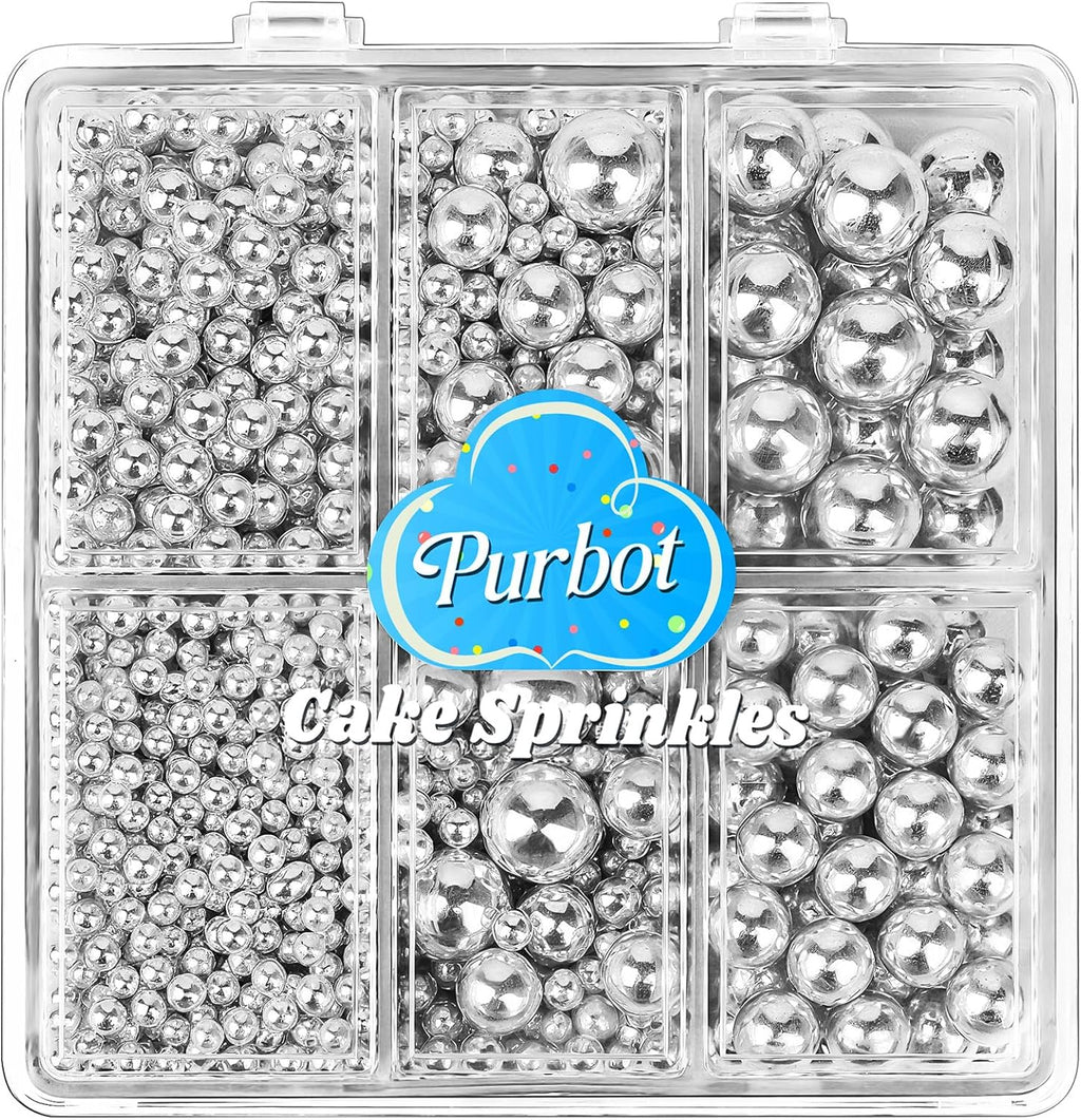 Silver Pearl Sprinkles for Cake Decorating, 4 Sizes Sugar 130g/4.6oz, Cupcake, Ice Cream, Donuts, Macaron Toppings Supplies (2mm, 4mm, 7mm, 1cm)
