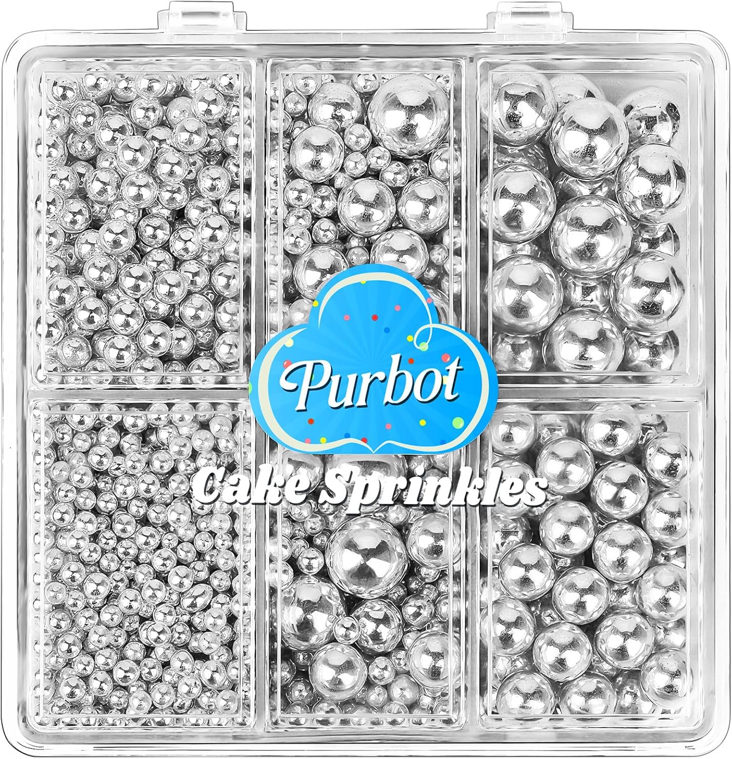 Silver Pearl Sprinkles for Cake Decorating, 4 Sizes Sugar 130g/4.6oz, Cupcake, Ice Cream, Donuts, Macaron Toppings Supplies (2mm, 4mm, 7mm, 1cm)