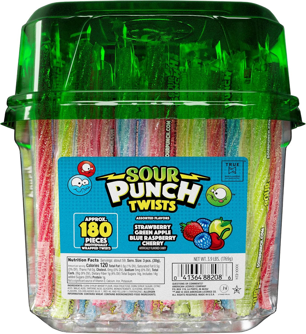 Sour Punch Twists, Sour Candy 6" Individually Wrapped Chewy Candy, 4 Assorted Fruity Flavors
