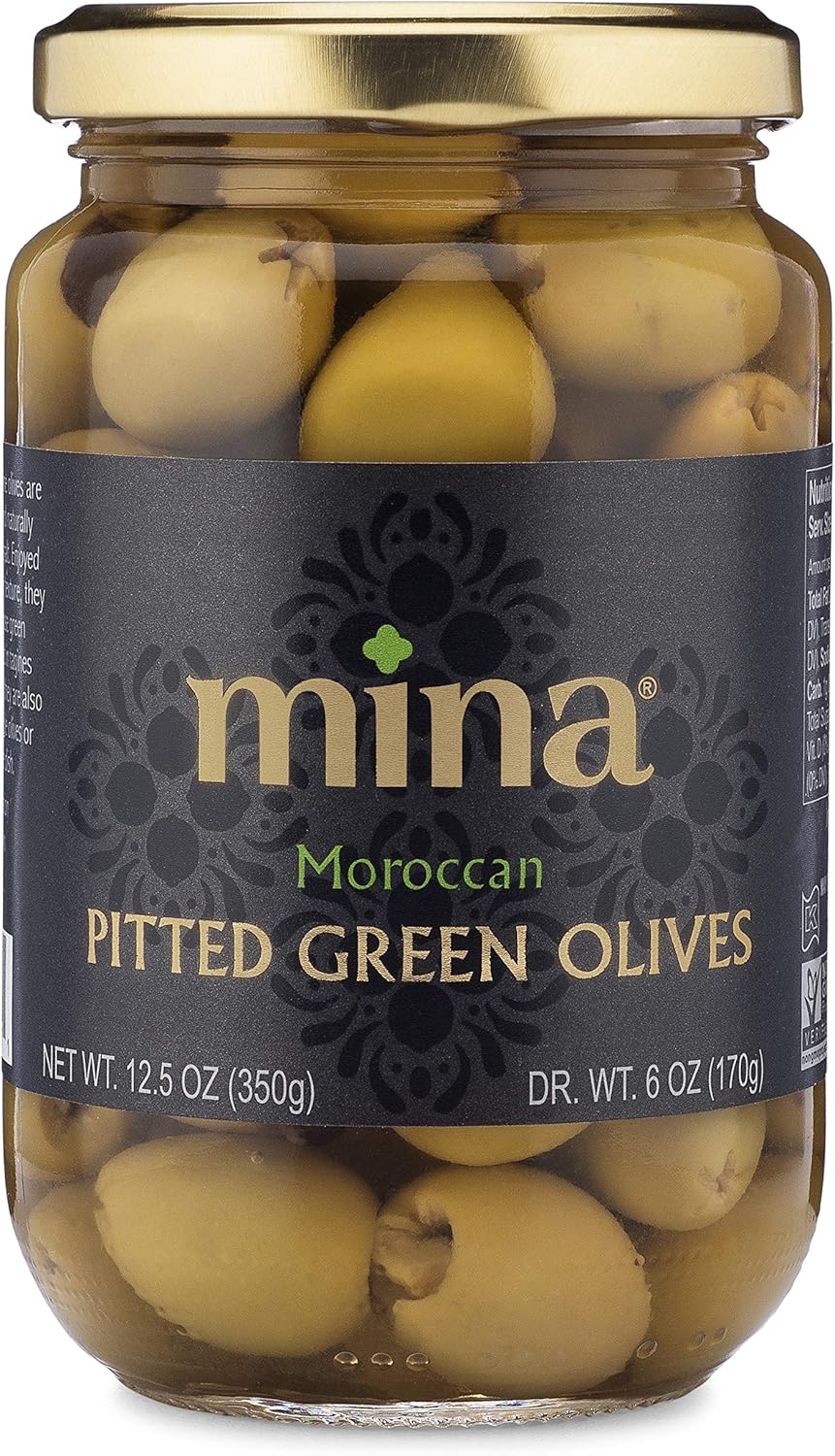 Mina Green Olives Pitted, 12.5 oz - Delicious Pitted Green Olives, Keto and Paleo Snack, Hand Picked, Naturally Cured, Gluten Free, Low Carb, Vegan, Non GMO and Kosher