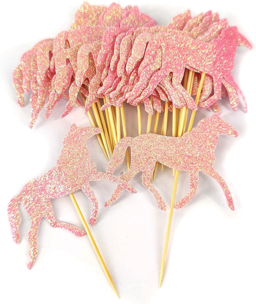 Pink Glitter Horse Cupcake Topper - Girls Baby Shower Horse Birthday Party Decorations Pack of 24
