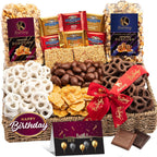 KREMERY Creamy Chocolate Cravings Birthday Gift Basket - Chocolate Covered Pretzels, Nuts, Candy & Caramel Popcorn (Deluxe, 3.5 lbs) Sweet Treats in Seagrass Tray + Ribbon & Greeting Card, Kosher