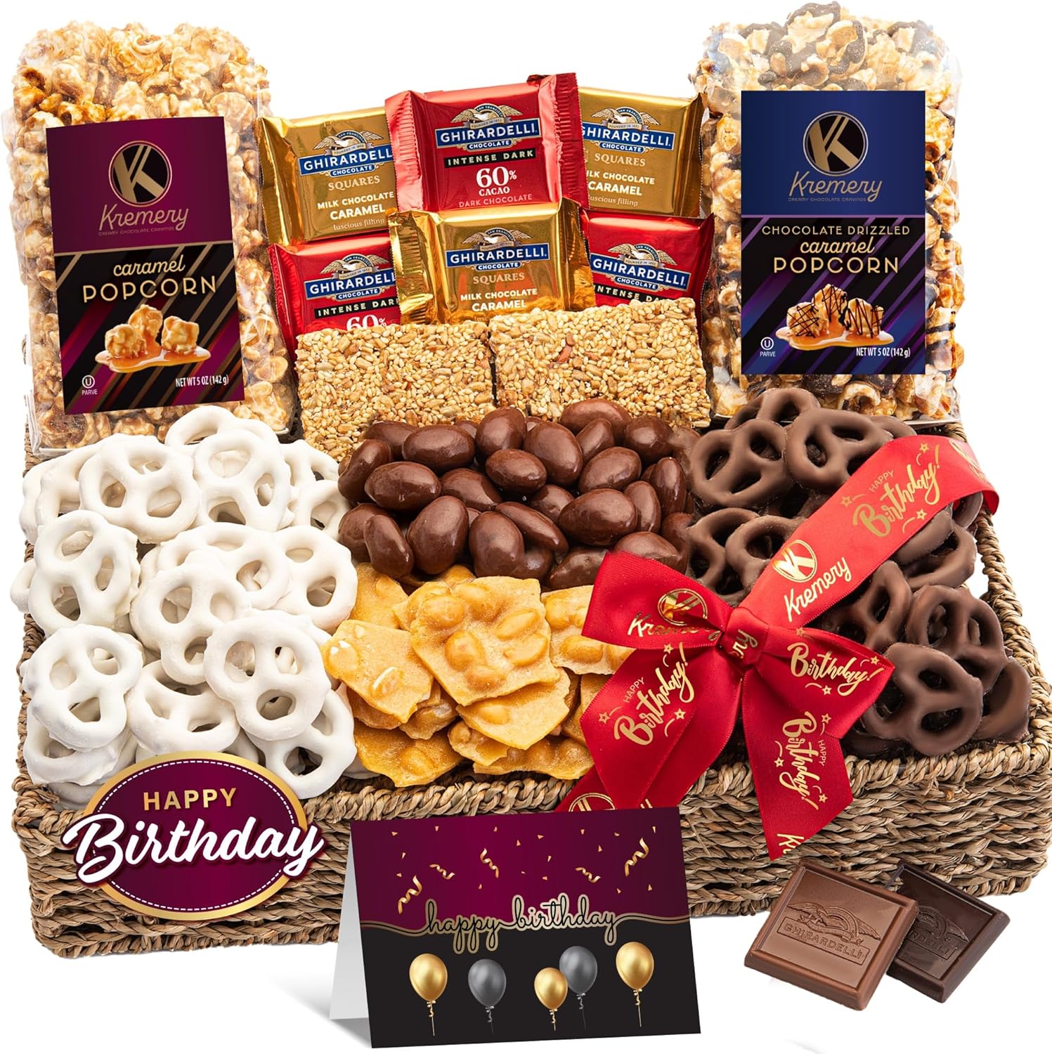 KREMERY Creamy Chocolate Cravings Birthday Gift Basket - Chocolate Covered Pretzels, Nuts, Candy & Caramel Popcorn (Deluxe, 3.5 lbs) Sweet Treats in Seagrass Tray + Ribbon & Greeting Card, Kosher