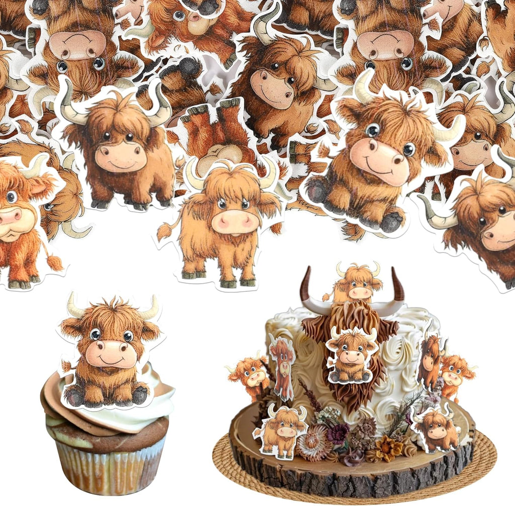 60 Pack Edible Highland Cow Cupcake Toppers Highland Cupcake Picks Water Paper Cute Highland Cow Cattle Farm Birtyday Cupcake Decorations for First Birthday Baby Shower Kids Birthday Party