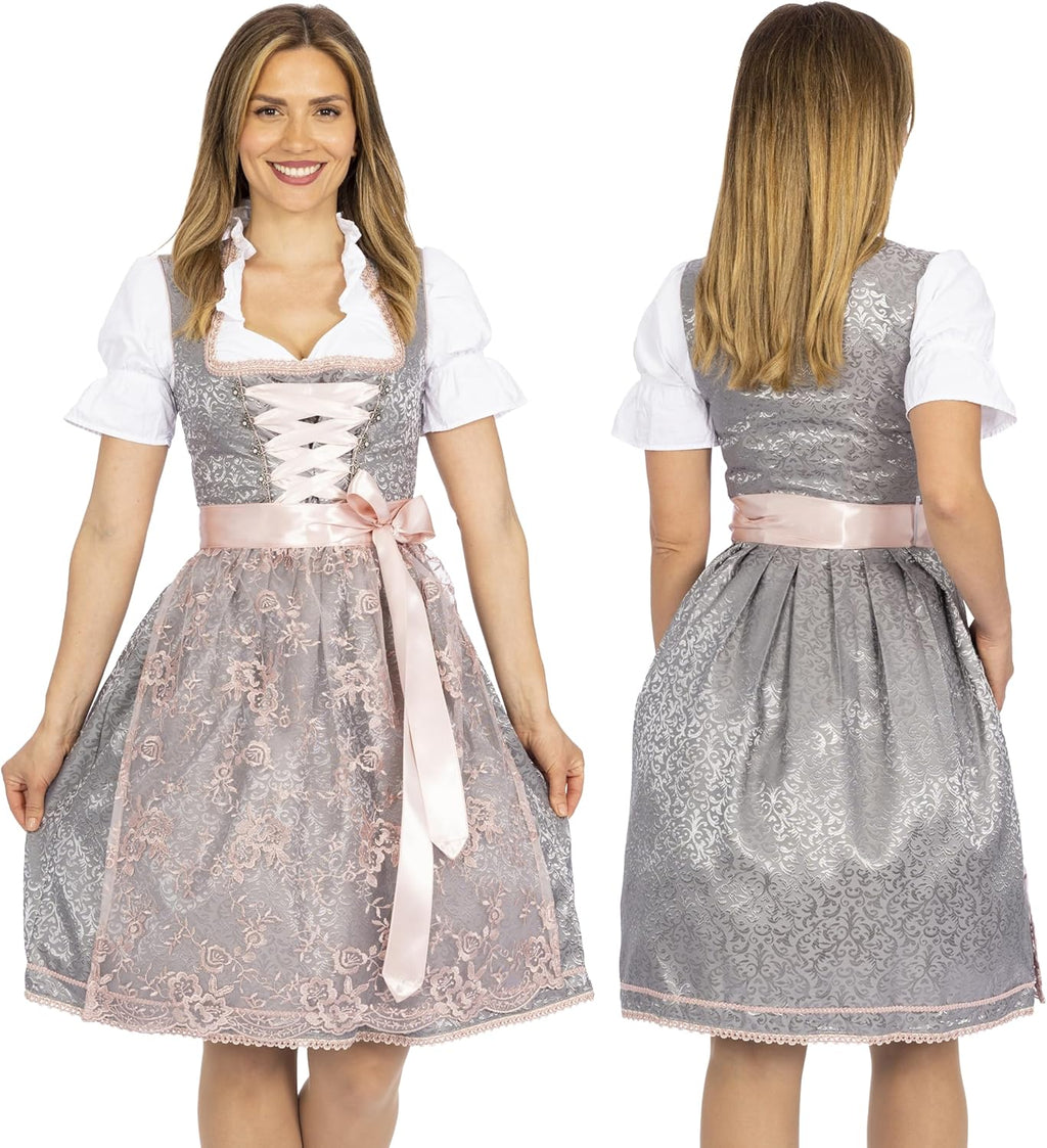BAVARIA TRACHTEN Women's Authentic German Oktoberfest Dirndl Dress - Silver Rose, Large