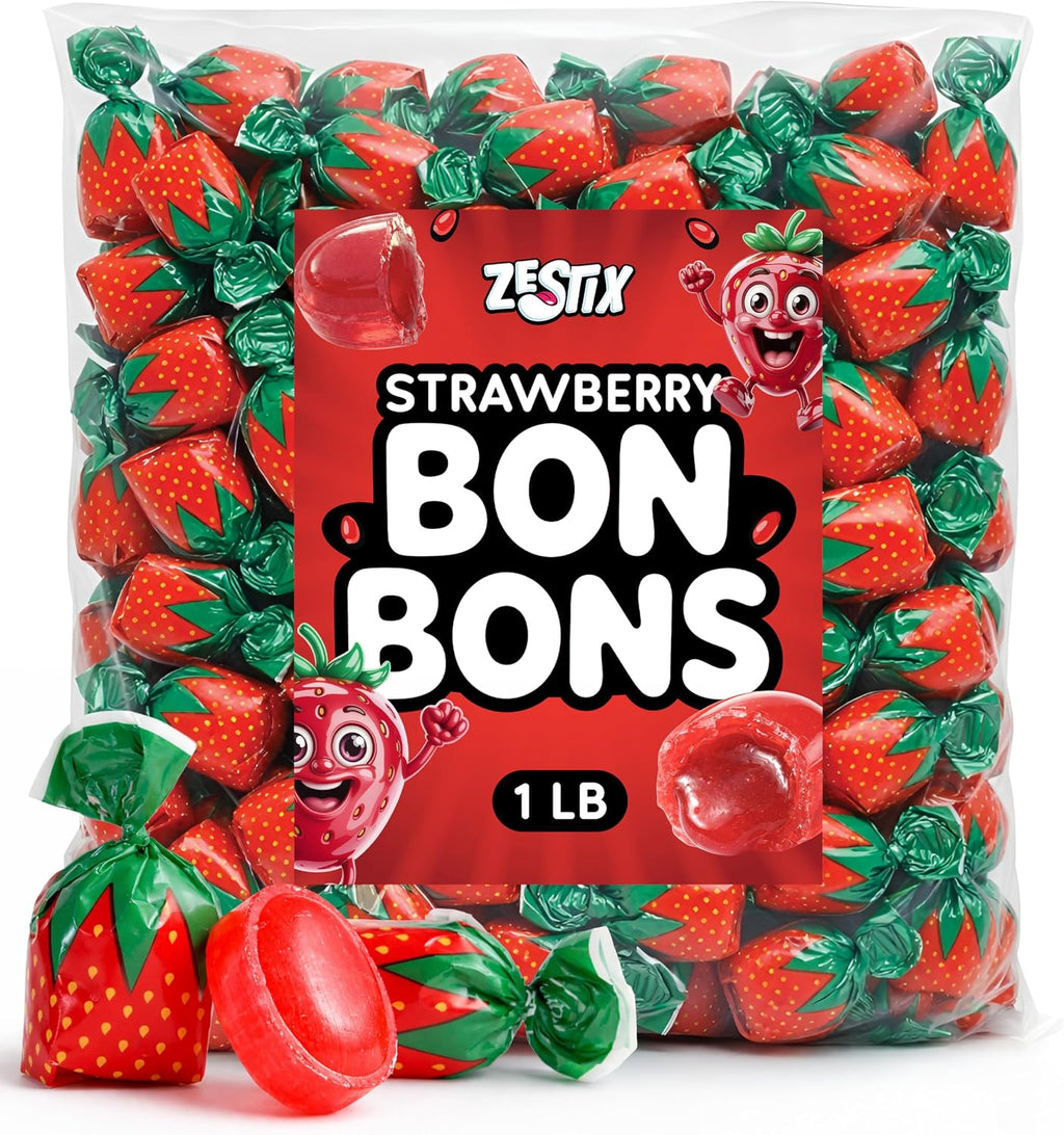 Strawberry Bon Bons Hard Candy, 1LB Bulk Bag – Individually Wrapped Old Fashioned Strawberry Filled Hard Candy with Soft Chewy Center, Classic Candy Bowl Treat for Office, Parties & Gifts
