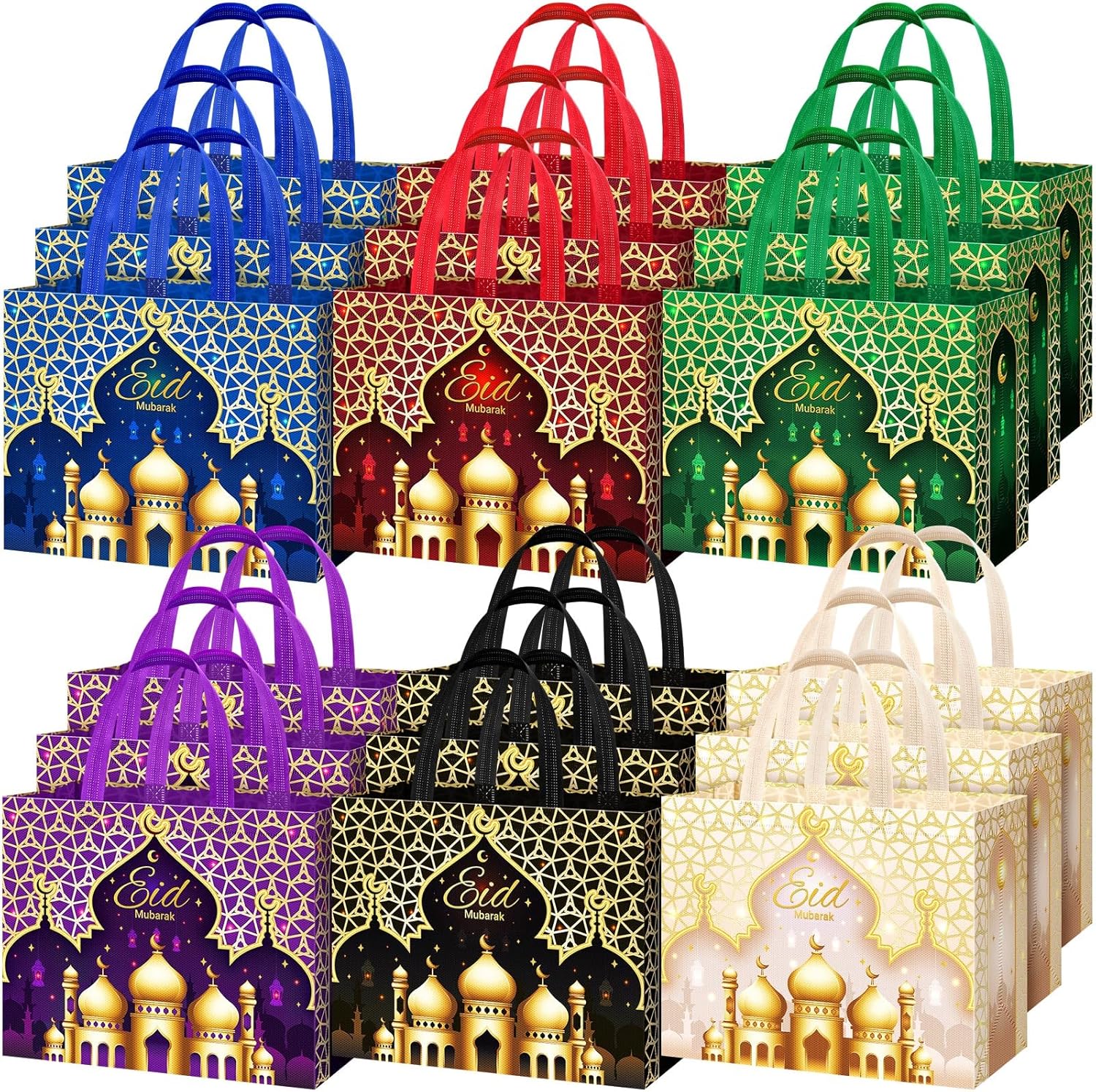 Yoojahow 18 Pcs Eid Mubarak Gift Bags with Handles 12.6 x 9.8 x 6.7 Inch Large Reusable Ramadan Tote Bags Eid Mubarak Non-Woven Treat Goodie for Gifts Wrapping Shopping Ramadan Party Supplies