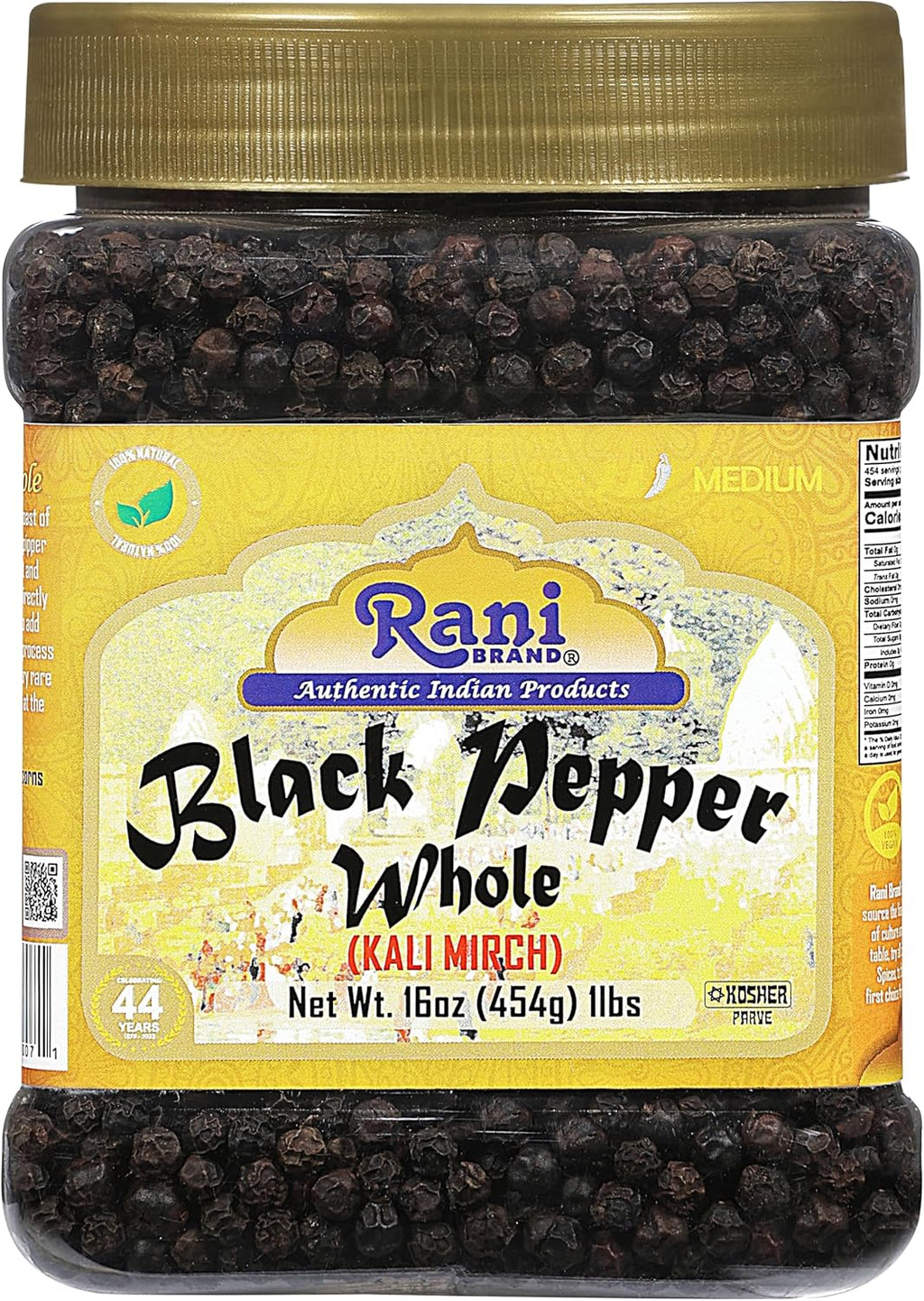 Rani Black Pepper Whole (Peppercorns), Premium MG-1 Grade 16oz (1lb) 454g Bulk PET Jar ~ All Natural | Gluten Friendly | Non-GMO | Kosher | Product of Vietnam | Perfect size for Grinders!