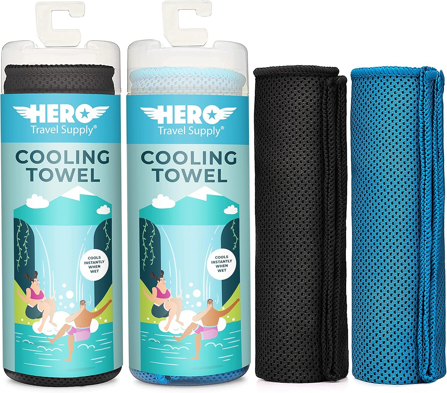 Hero Cooling Towel for Travel, Hiking, Sports, Yoga (2-Pack) Ultra Soft Microfiber 40" x 12" (Black/Blue)
