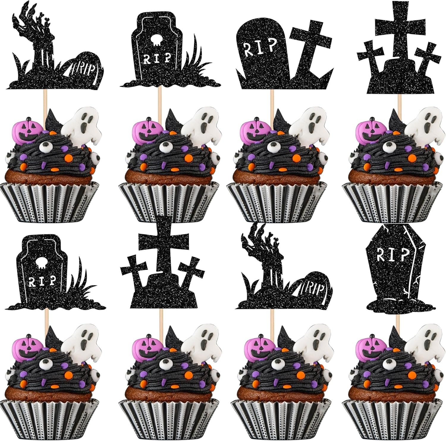 Rsstarxi 30 Pack Halloween Tombstone Cupcake Toppers Glitter RIP Spooky Zombie Graveyard Cupcake Food Picks Decoration for Halloween Horror Birthday Party Cake Decorations