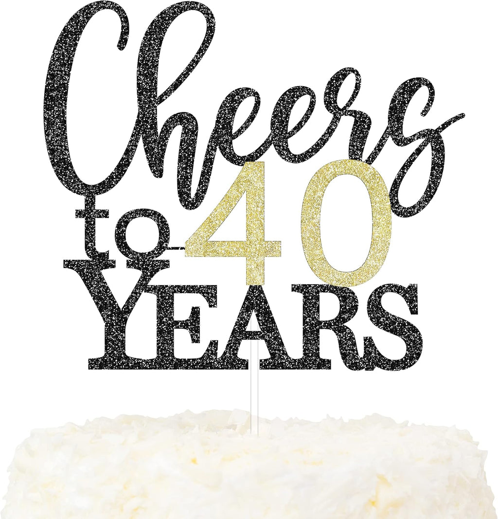 LOVENJOY Cheers to 40 Years Cake Topper for Happy 40th Birthday Anniversary Cake Decorations, Dual-Side Glitter Black and Gold
