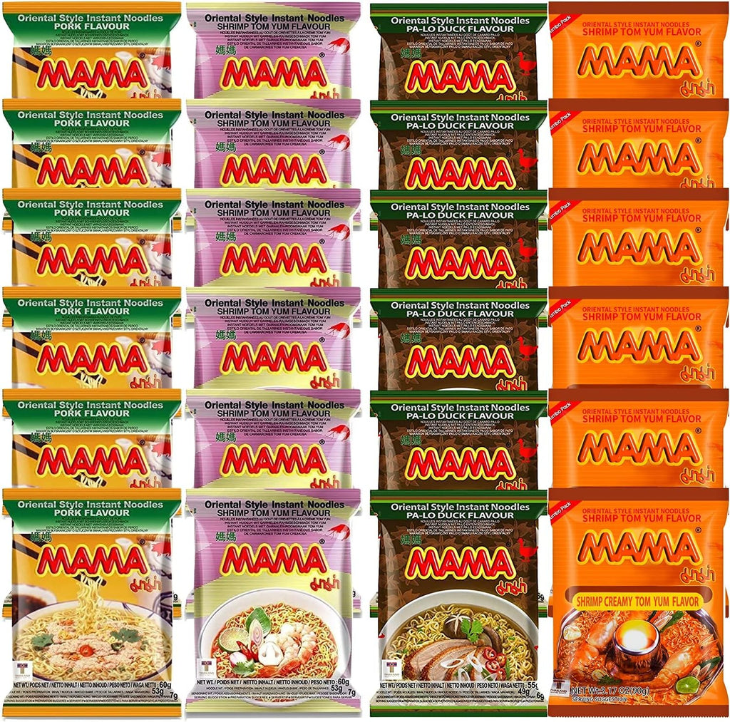 Mama Oriental Style instant noodles Mix Flavor Bundle Package Total 30 Packs (4 Flavor Mix Shrimp Tom Yum, Pa Lo Duck, Shrimp Creamy Tom Yum, Pork), each flavor 7-8 bags Total 30 small bags noodle