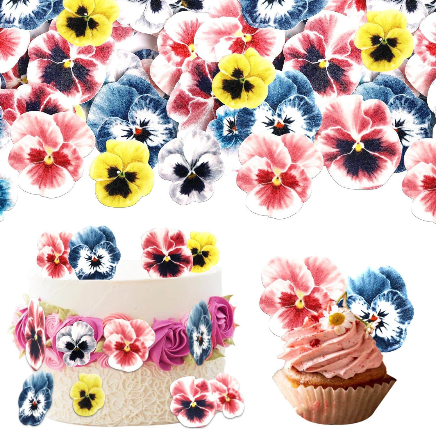 60 PCS Edible Flowers Cupcake Toppers Pansies Spring Edible Flowers Cake Decorations Bridal Shower Wafer Paper Flowers Cupcake Picks for Baby Shower Wedding Engagement Birthday Party Supplies