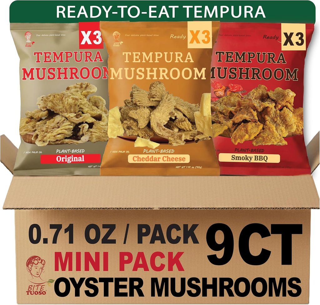 BITETUOSO Tempura Oyster Mushrooms Mini Variety Pack, Tempura-Style Mushroom Snack, Ready-to-Eat Crispy Chips, Vegan Plant-Based, Original BBQ Plant-Based Cheddar (0.71 oz, 9-Pack)