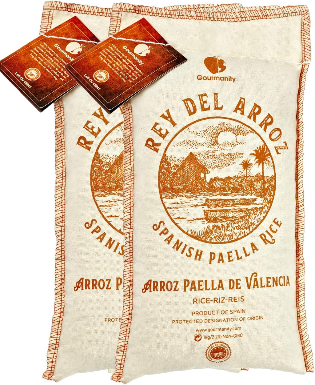 Gourmanity Spanish Paella Rice, Rey del Arroz Authentic Short Grain Valencia Rice from Spain, Great for Paella, Risotto, Seafood Dishes and Mediterranean dishes, Soy and Gluten Free, 2.2lb Pack of 2
