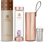 Almeara Crystal Water Bottle | Amethyst, Rose Quartz & Clear Quartz Crystals | Authentic Gemstones – Loose Leaf Tea infuser – Gem Elixir Infused Tempered Glass Water Bottle - Gift ready box - 16.9 oz