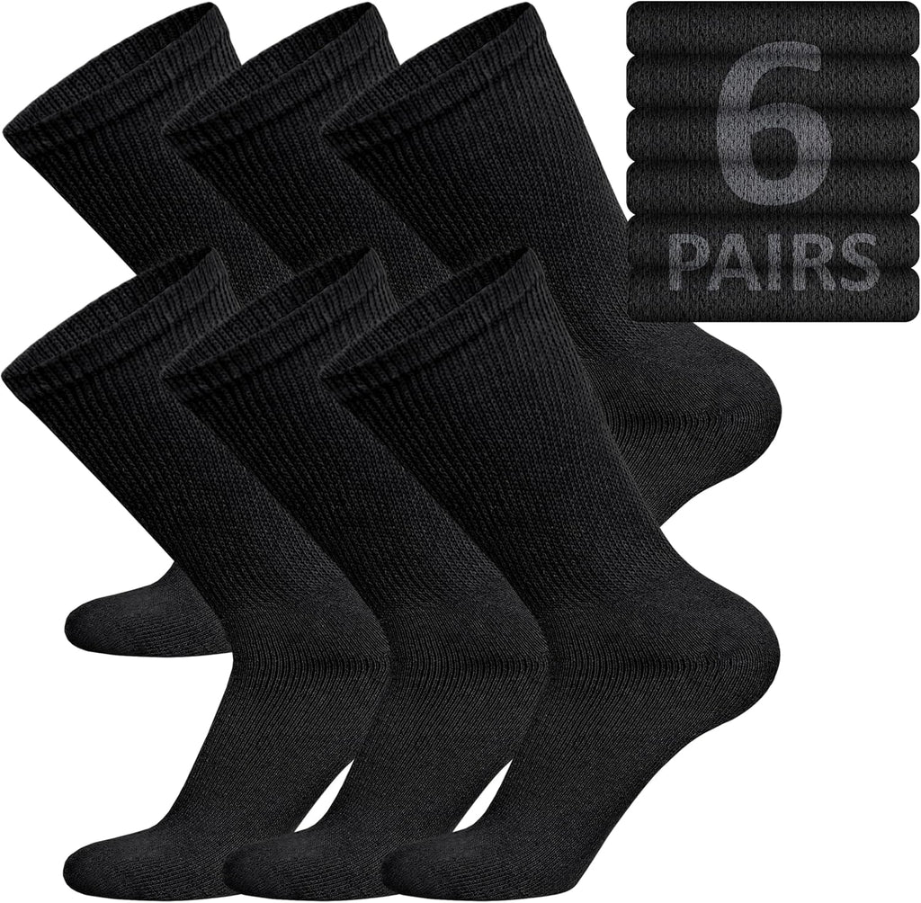 Brooklyn Socks - 6 Pairs of Cotton Diabetic Non-Binding Neuropathy Crew Socks (Black, Size 10-13)