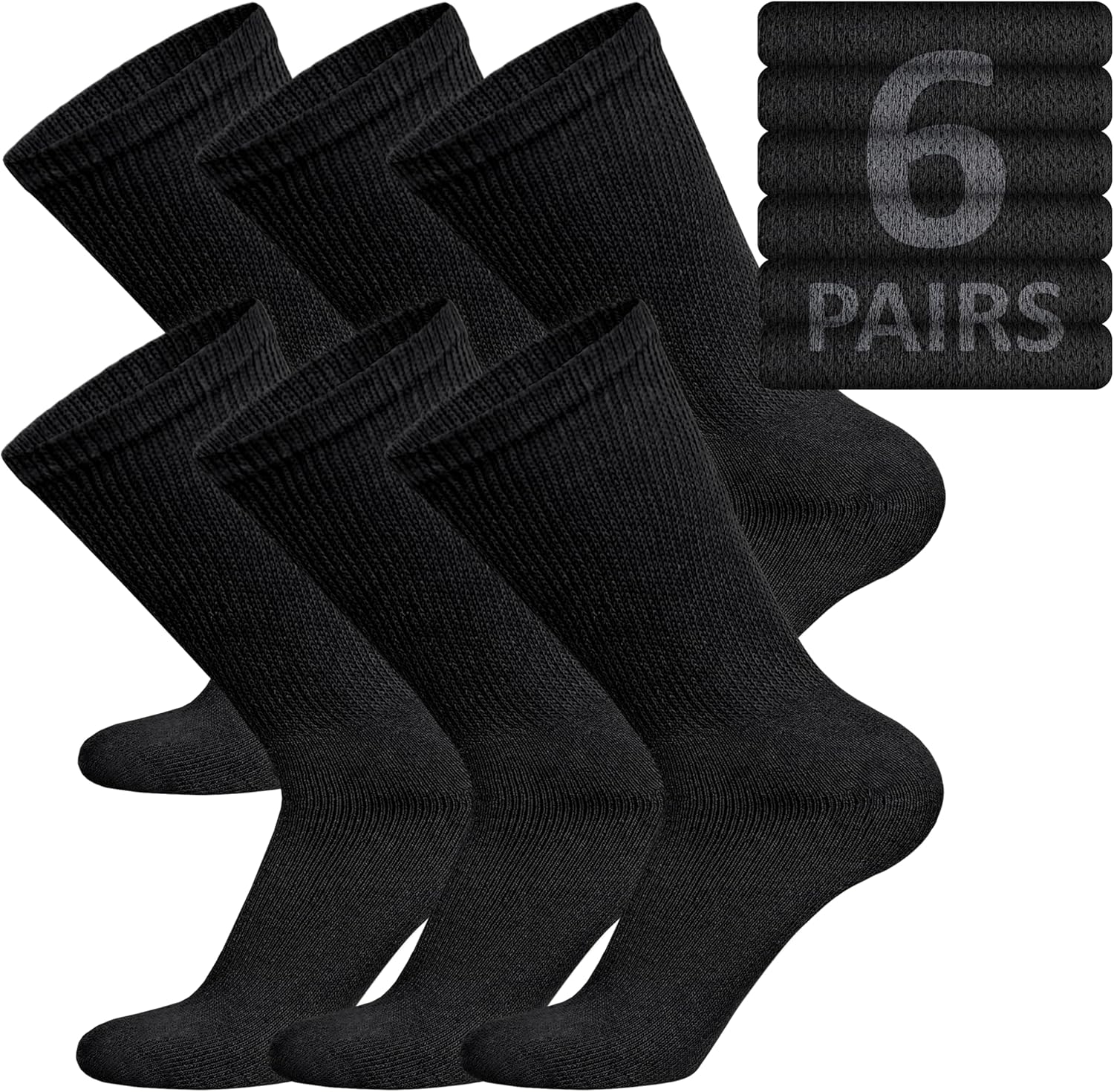 Brooklyn Socks - 6 Pairs of Cotton Diabetic Non-Binding Neuropathy Crew Socks (Black, Size 10-13)