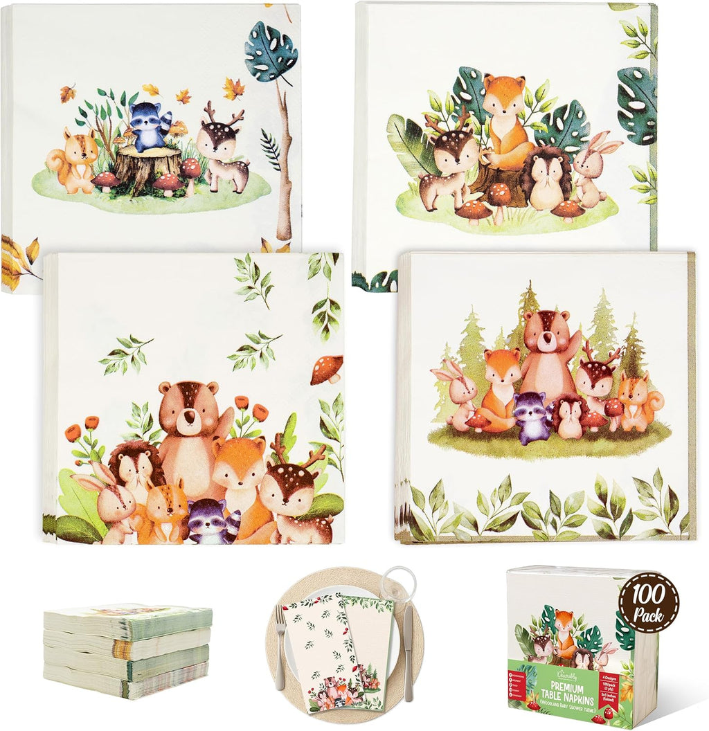 Decorably 3-Ply 100 Pack Disposable Cocktail Woodland Baby Napkins - 5x5in 4 Forest Animals Designs Folded Square, for Beverage, Appetizers, Dinner, Tea & Garden Party, Birthday, Wedding, Baby Shower