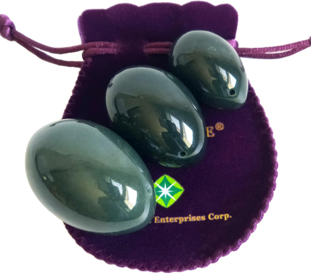Polar Jade Natural Nephrite Jade 3-Piece Predrilled Egg Set – Large, Medium & Small | Smooth Polished Canadian Jade with Instructions, Storage Pouches & String