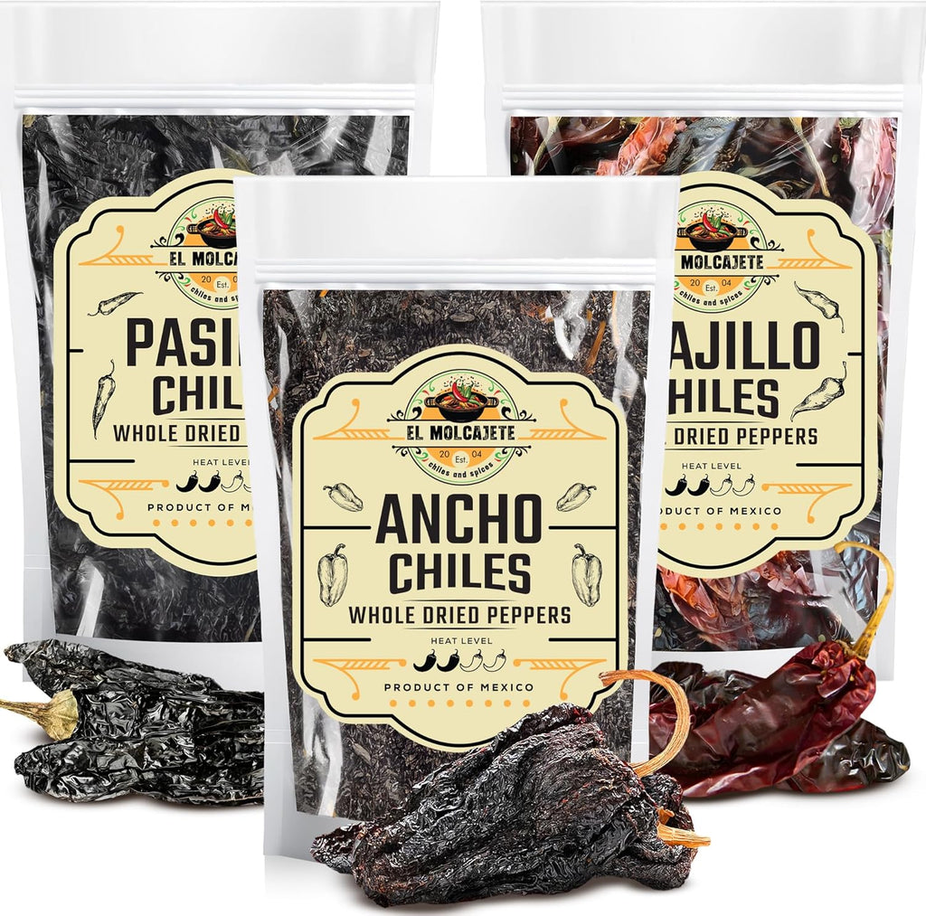 Dried Chili Pepper Variety Pack 4oz Each - Includes Premium Whole Ancho, Guajillo, Pasilla Chiles – Staple for Mexican Recipes - Moles, Salsa, Sauces, Birria, Stews, Tamales. By El Molcajete