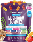 Drops Of Nature Mushroom Gummies 10-in-1 with KSM-66 Ashwagandha – Lions Mane Turkey Tail Cordyceps Shiitake Tremella Oyster Agaricus – Vegan Functional Superfood Gummies (Mixed Fruits, 70 Gummies)
