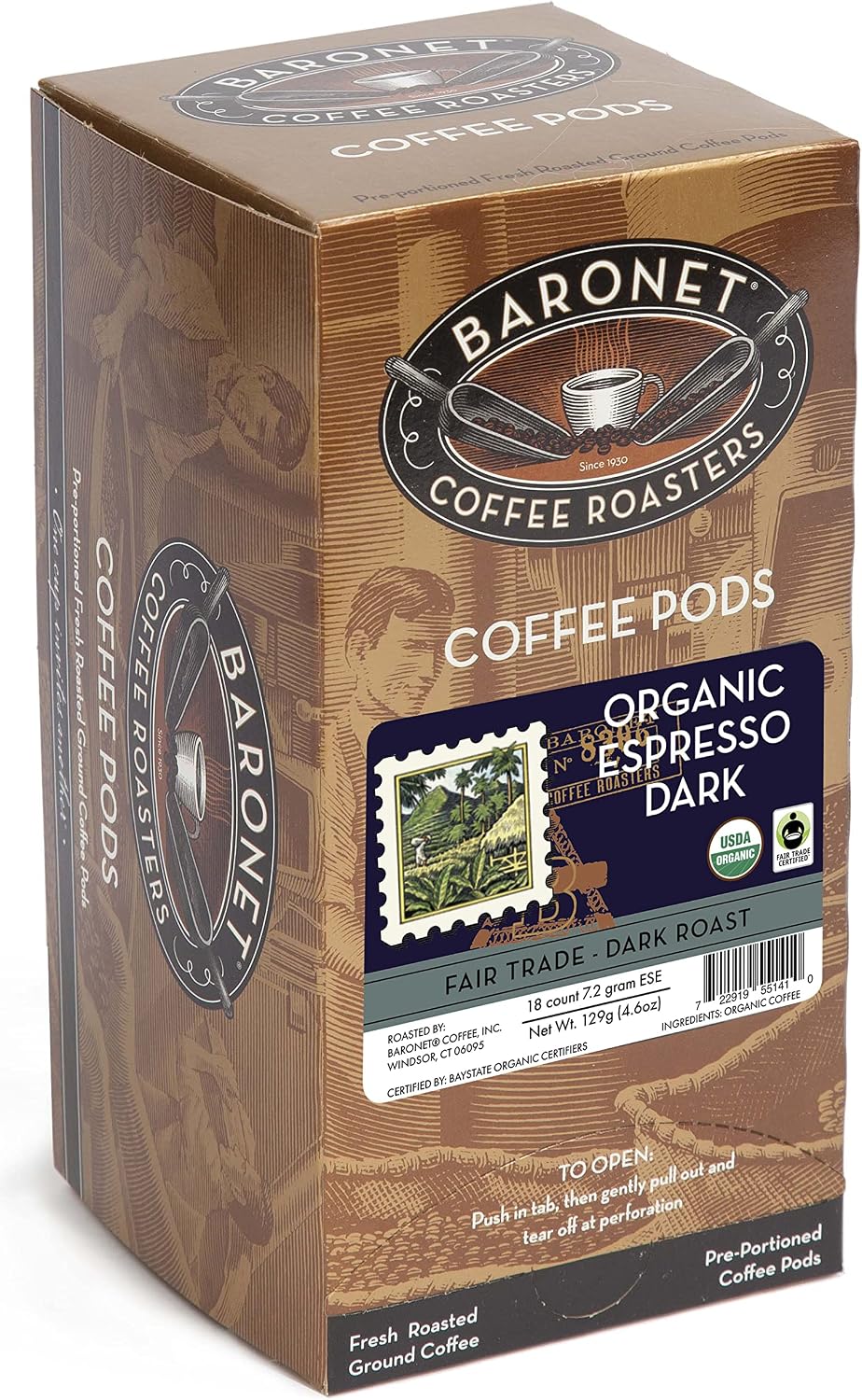 Baronet Coffee Organic ESE Espresso Pods - Espresso Roast , 7.2 Grams - Individually Wrapped for Freshness - Rich, Traditional Flavor - 18 Count (Pack of 3)