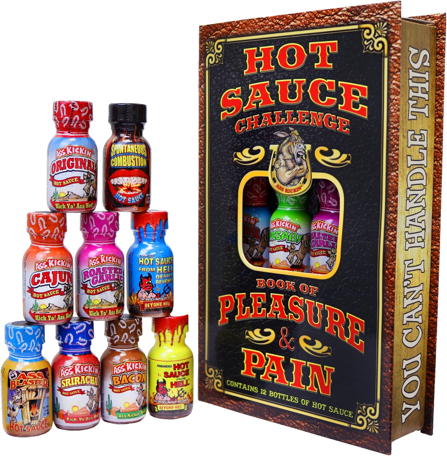 Hot Sauce Challenge Book Of Pleasure & Pain - 12 – 0.75 Ounce Bottles Gift Set - Perfect Premium Gourmet Hot Sauce Gift Set - Try If You Dare!