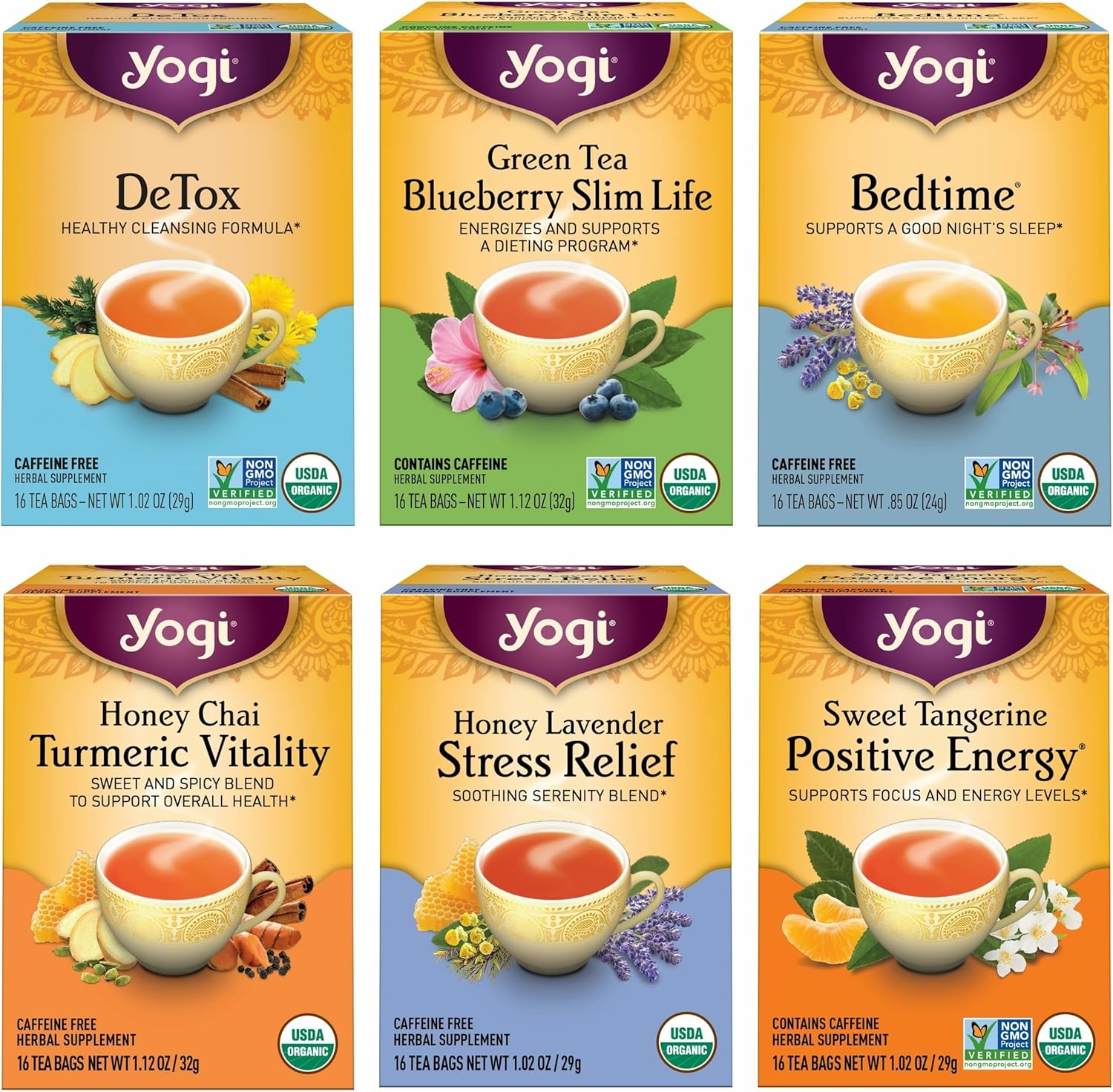 Yogi Tea Favorites Variety Pack - 16 Bags per Pack (6 Packs) - Organic Gift Box - Includes Sweet Tangerine Positive Energy, Honey Lavender Stress Relief, Bedtime & More