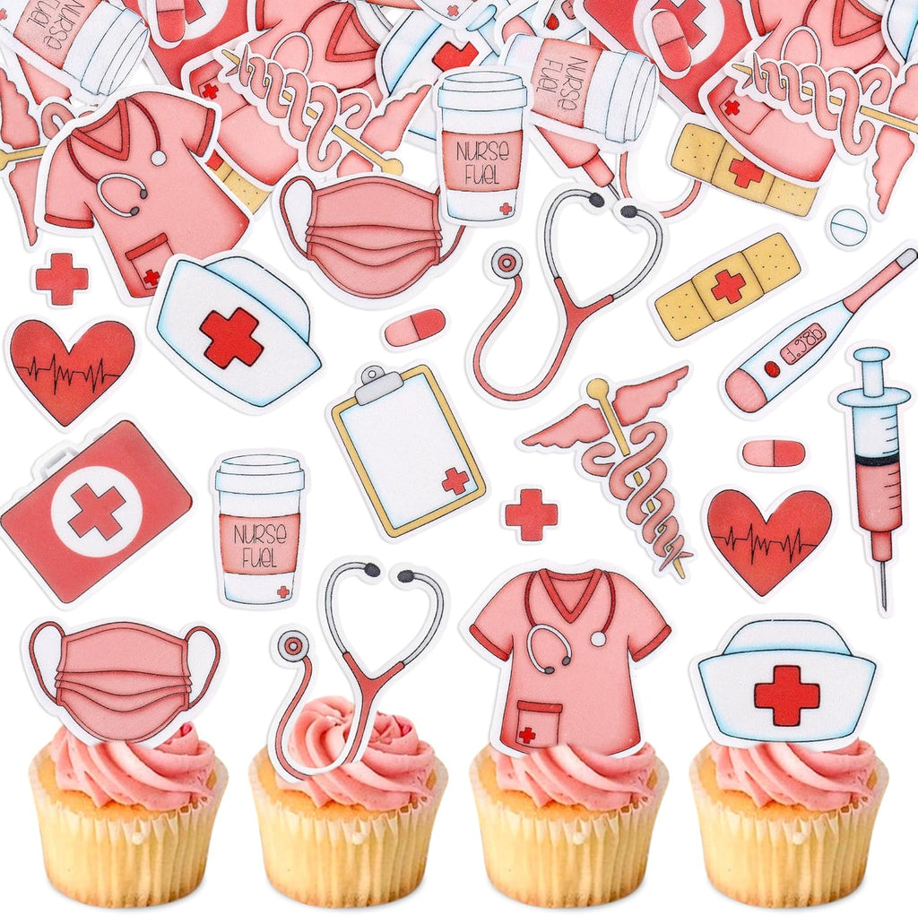 Ercadio 60Pcs Edible Nurse's day Cupcake Toppers 15 Styles Edible Pink Nursing School Grad Cupcake Topper Happy Nurse Week Themed Drink Cupcake Decoration Picks For Birthday Party Baby Shower Supplies