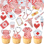 Ercadio 60Pcs Edible Nurse's day Cupcake Toppers 15 Styles Edible Pink Nursing School Grad Cupcake Topper Happy Nurse Week Themed Drink Cupcake Decoration Picks For Birthday Party Baby Shower Supplies