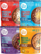 The Good Bean Heat and Eat Pouch - Variety Pack - (Pack of 4) 10 oz Pouch - Mexican Smoky Chipotle, Low-Carb Classic Chili, Mexicali Seasoned Beans, and Indian Coconut Curry
