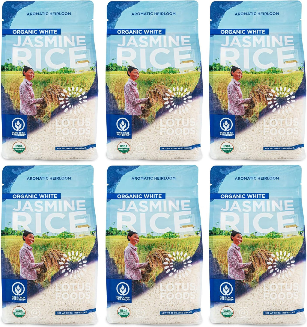 Lotus Foods Organic White Jasmine Rice - Jasmine Rice, Gluten Free White Rice, Organic Rice, Long Grain Asian Sticky Rice, USDA Organic, Vegan, Gluten Free - 30 Oz (Pack of 6)