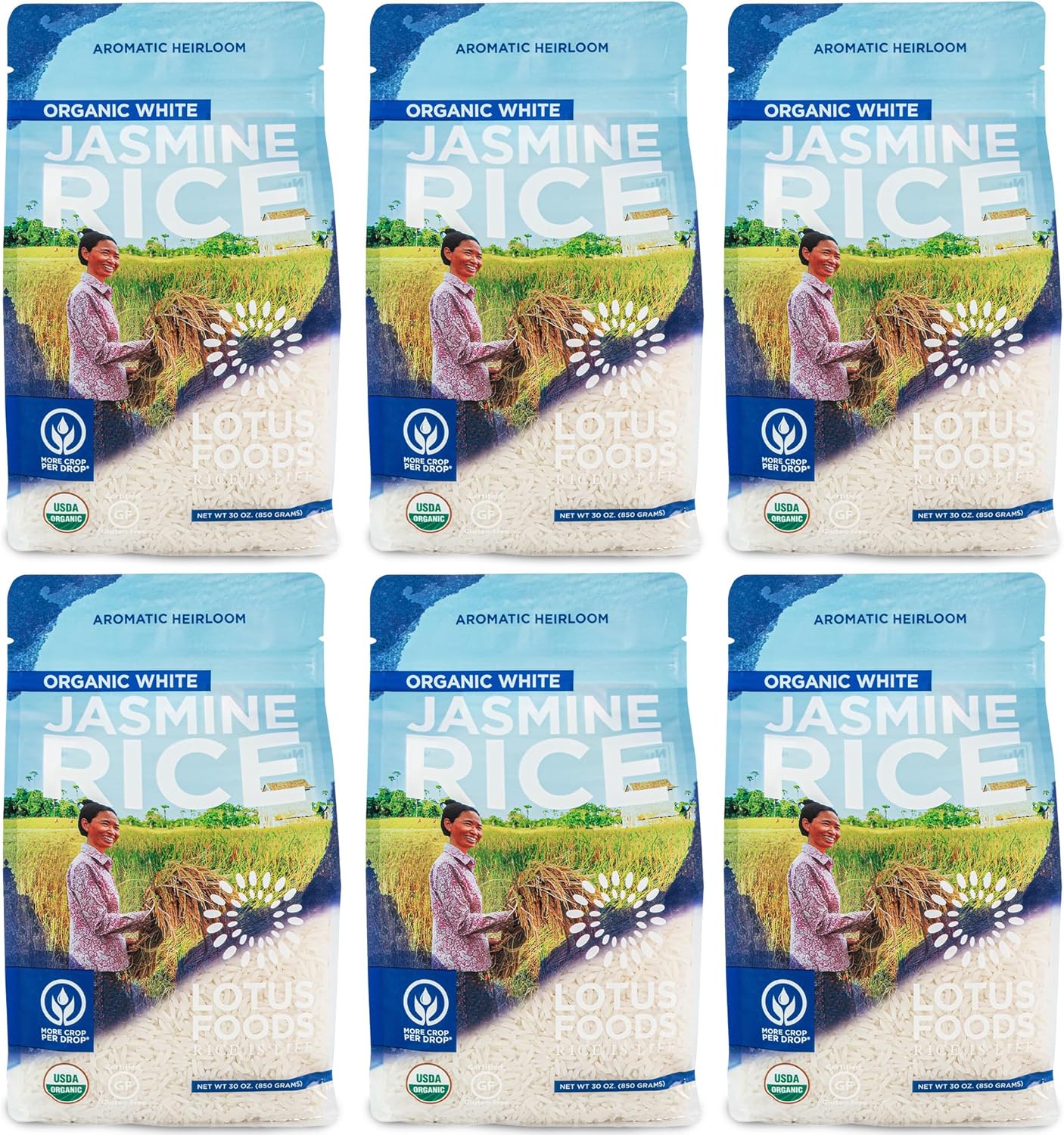 Lotus Foods Organic White Jasmine Rice - Jasmine Rice, Gluten Free White Rice, Organic Rice, Long Grain Asian Sticky Rice, USDA Organic, Vegan, Gluten Free - 30 Oz (Pack of 6)