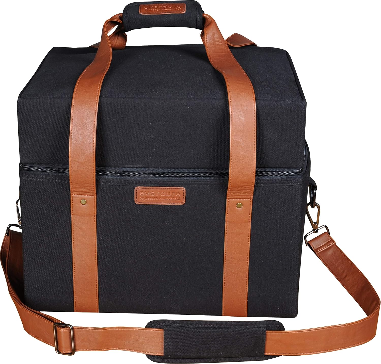Everdure CUBE Portable Charcoal Grill Carrying Bag, Leather & Velcro Straps, Multiple Storage Compartments, Easy Portability for Camping, Tailgating, and More, Black, 16.3"L x 13.9"W x 13.7”H