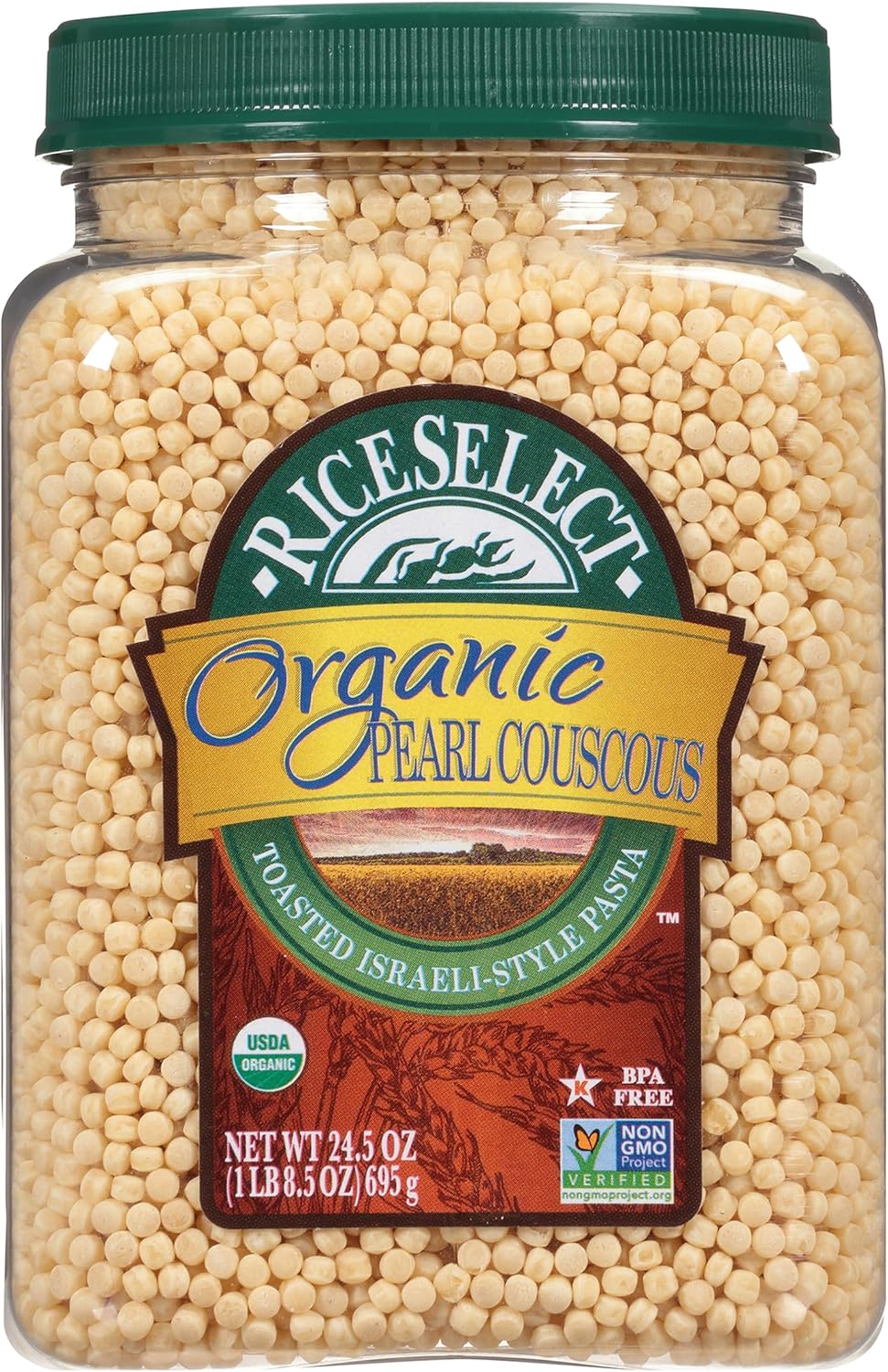 RiceSelect Organic Pearl Couscous, Israeli-Style Wheat Couscous Pasta, Non-GMO, 24.5-Ounce Jar, (Pack of 1)