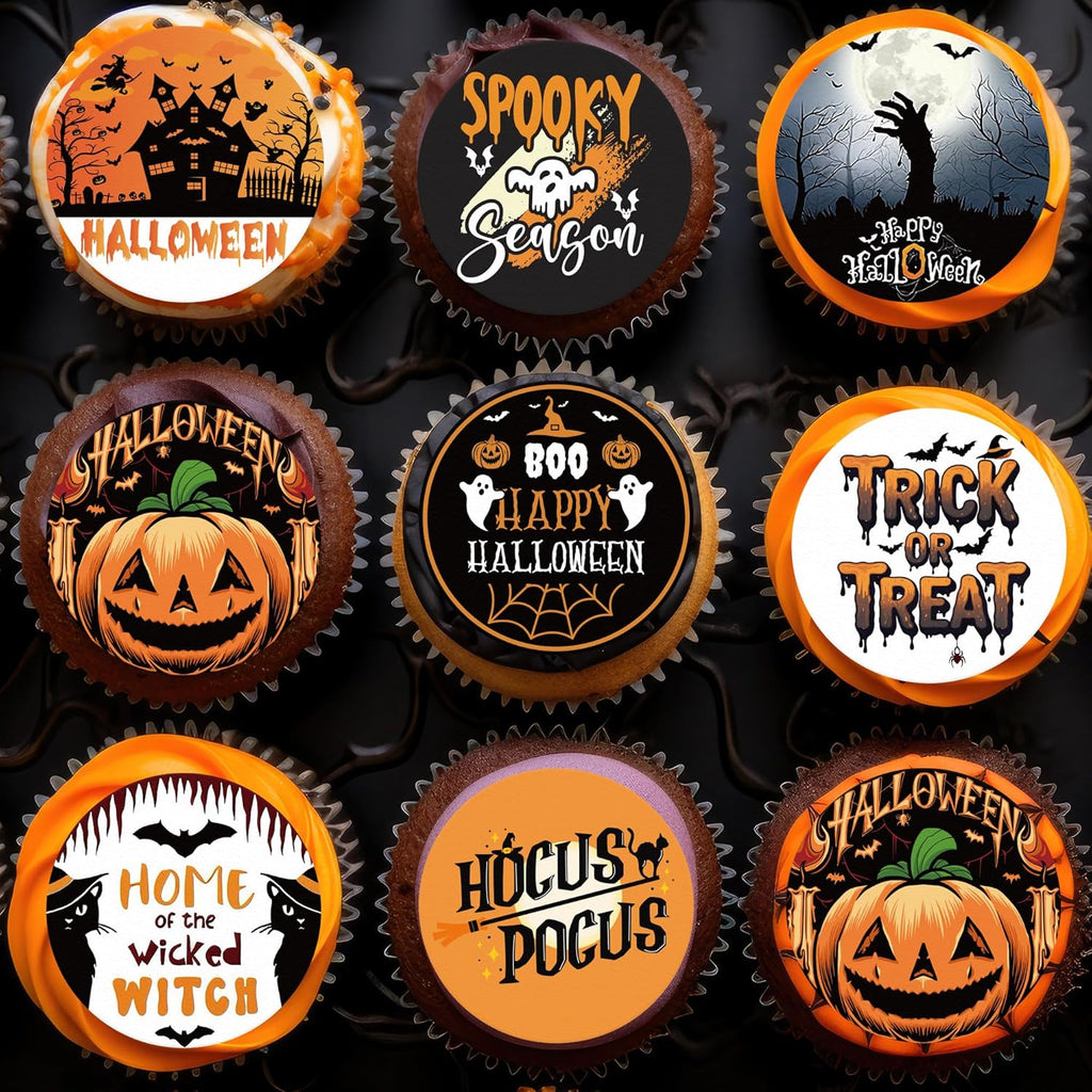 36PCS Edible Halloween Cupcake Toppers Wafer Paper Trick or Treat Cake Toppers Spooky Season Hocus Pocus Cupcake Picks for Halloween Eve Theme Party Birthday Decor Supplies
