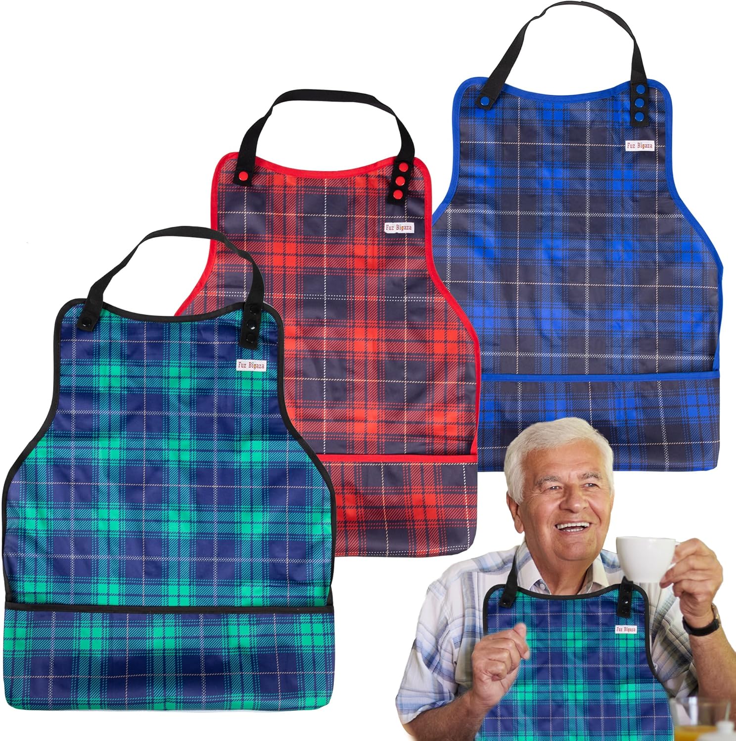 3 Pack Adult Bibs Washable Clothing Protector with Crumb Catcher, Adjustable Reusable Waterproof Large Feeding Adult Bib