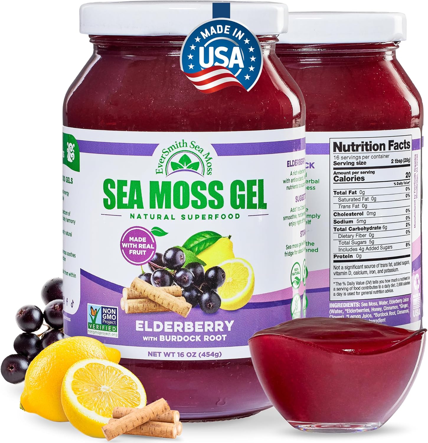 Wildcrafted Irish Sea Moss Gel | Made in USA | Rich in Vitamins & Minerals | Sea Moss Gel Raw | Nutritional Supplement | Elderberry (16 oz)