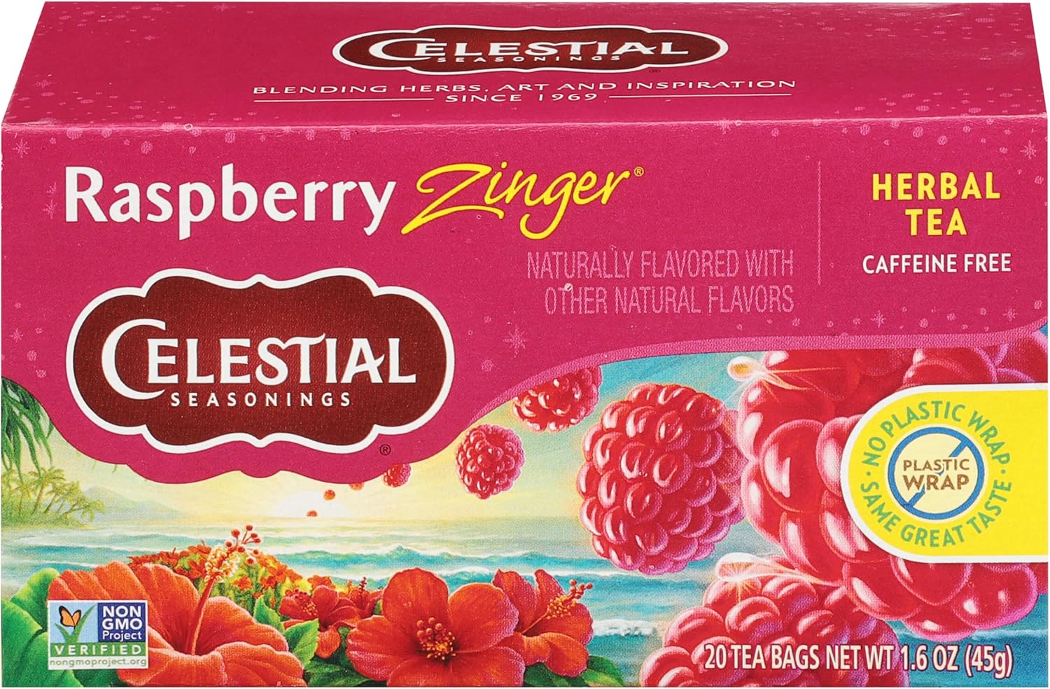 Celestial Seasonings Raspberry Zinger Herbal Tea, Caffeine Free, 20 Tea Bags Box (Pack of 6)