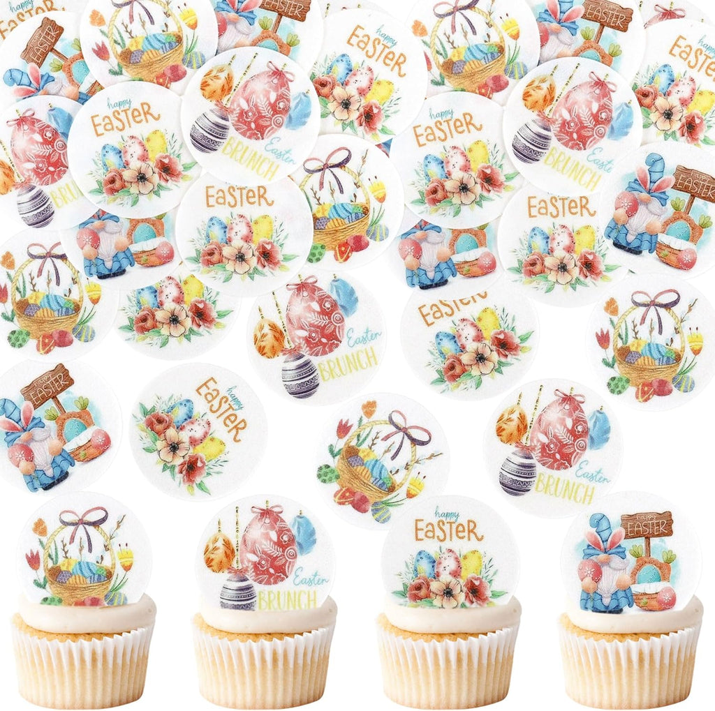 40Pack Edible Round Happy Easter Cupcake Toppers Easter Bunny Floral Rabbit Ears Lily Flowers Cupcake Picks for Easter's Baby Shower Birthday Party Cake Decorations Easter Sunday Party Decors