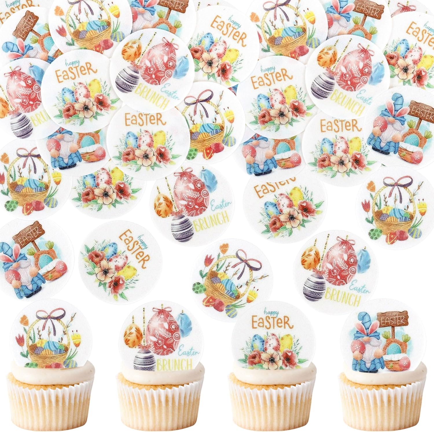 40Pack Edible Round Happy Easter Cupcake Toppers Easter Bunny Floral Rabbit Ears Lily Flowers Cupcake Picks for Easter's Baby Shower Birthday Party Cake Decorations Easter Sunday Party Decors