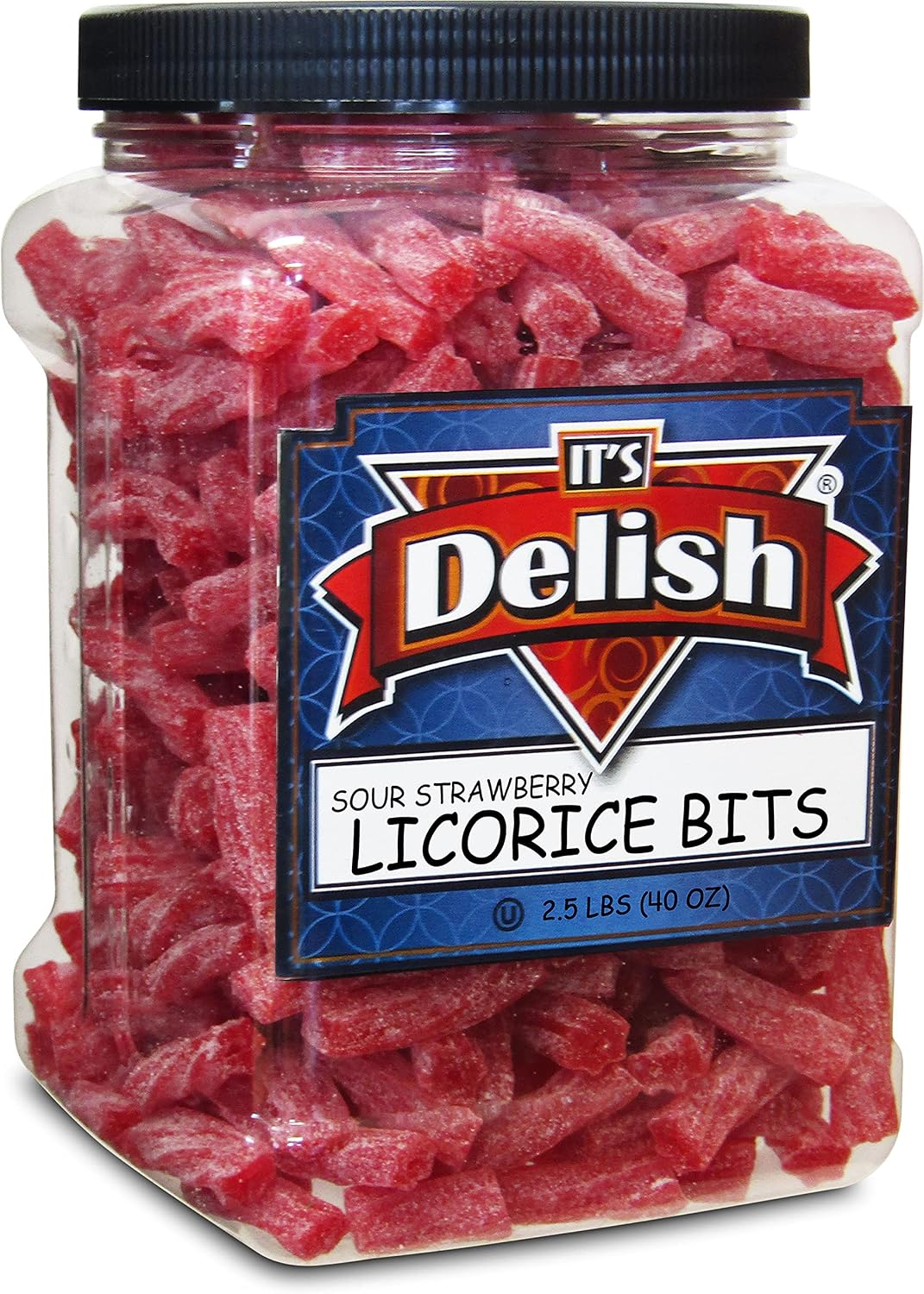 Sweet & Sour Strawberry Licorice Bits by Its Delish, 2.5 LBS (40 Oz) Jumbo Container Jar – Chewy Red Strawberry Lightly Sour Candy Twists – Great Gifts Party Sweets – Made in USA, Vegan, Kosher