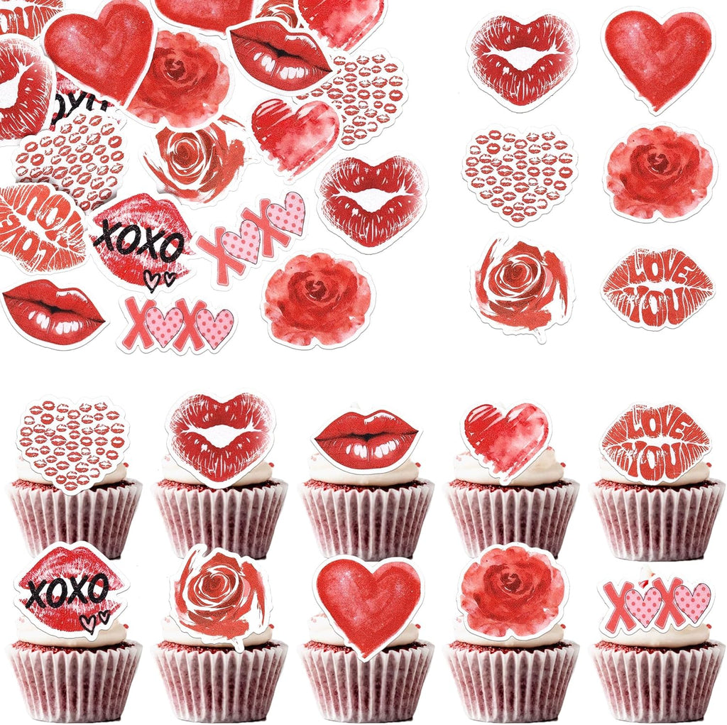 Rsstarxi 60 Pack Happy Valentine's Day Edible Cupcake Toppers Wafer Paper Rose Flower Lips Love Heart Cupcake Picks Decoration for Sweet Love Wedding Valentine's Day Party Cake Decorations Supplies