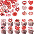 Rsstarxi 60 Pack Happy Valentine's Day Edible Cupcake Toppers Wafer Paper Rose Flower Lips Love Heart Cupcake Picks Decoration for Sweet Love Wedding Valentine's Day Party Cake Decorations Supplies