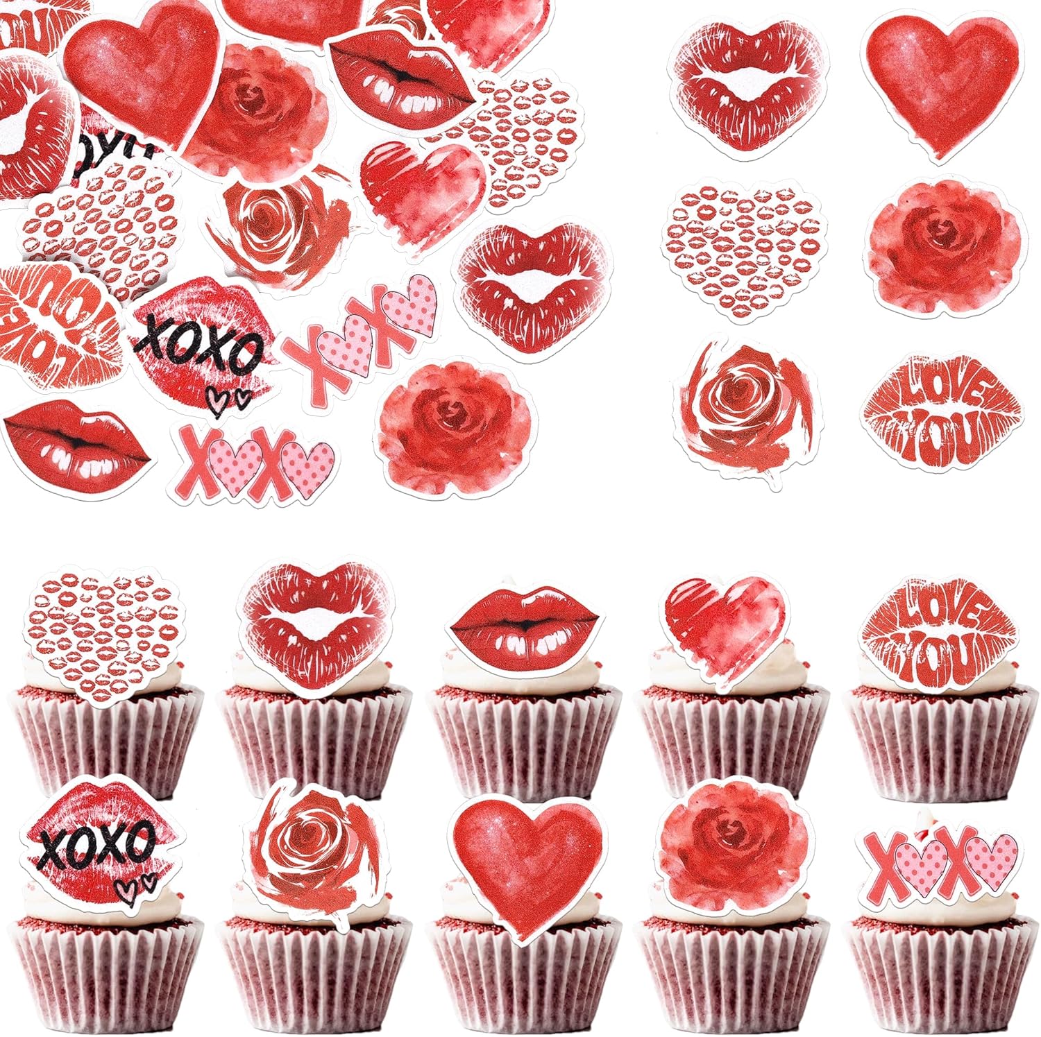 Rsstarxi 60 Pack Happy Valentine's Day Edible Cupcake Toppers Wafer Paper Rose Flower Lips Love Heart Cupcake Picks Decoration for Sweet Love Wedding Valentine's Day Party Cake Decorations Supplies
